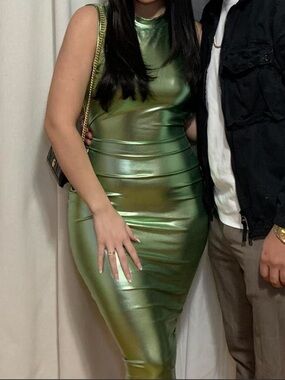 AKIRA Shimmering Metallic Green Sleeveless Midi Dress